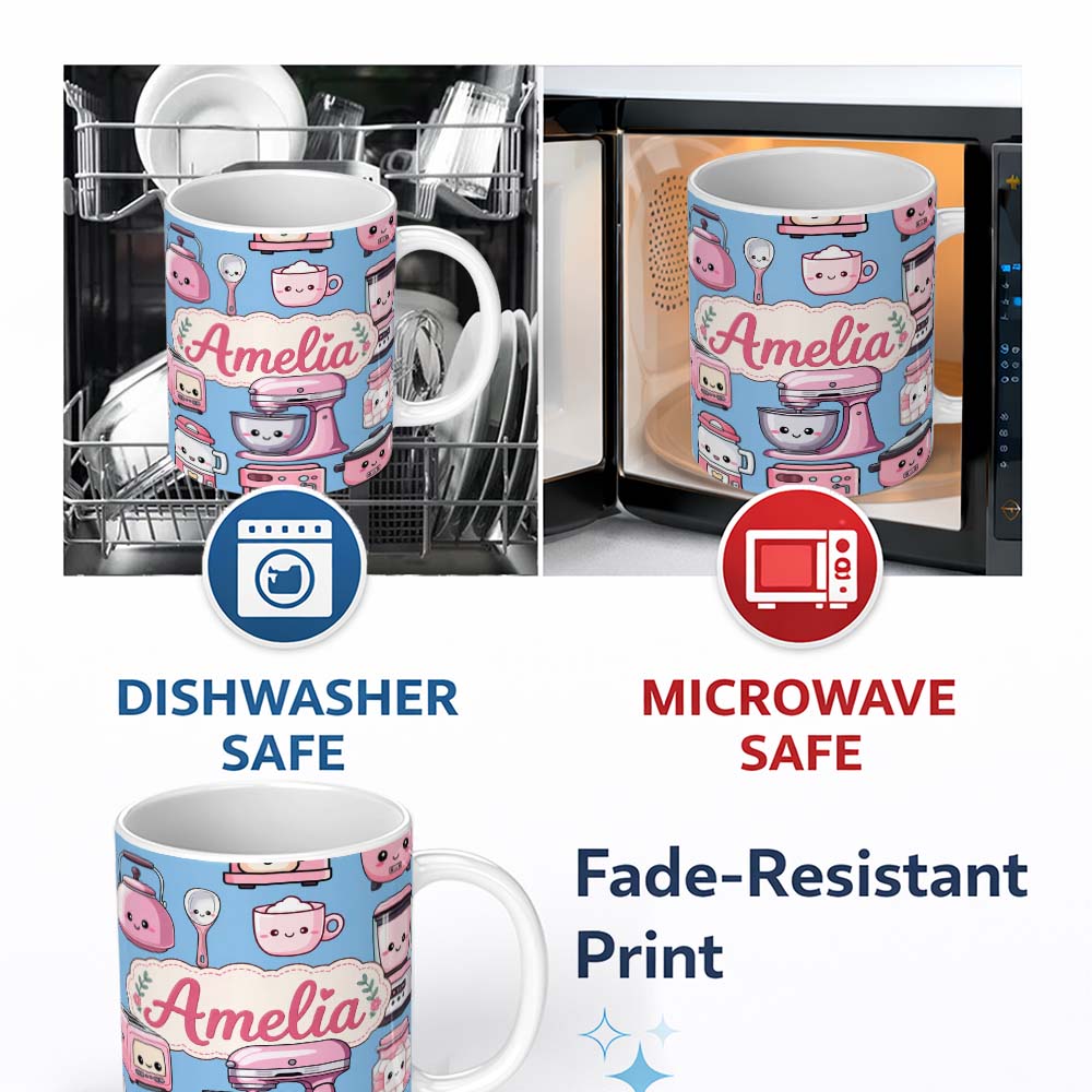 Personalized Custom Name Cute Kawaii Pink Kitchen Appliances Soft Blue Background Seamless 11oz Ceramic Coffee Tea Mug White Large Handle