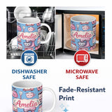 Personalized Custom Name Cute Kawaii Pink Kitchen Appliances Soft Blue Background Seamless 11oz Ceramic Coffee Tea Mug White Large Handle