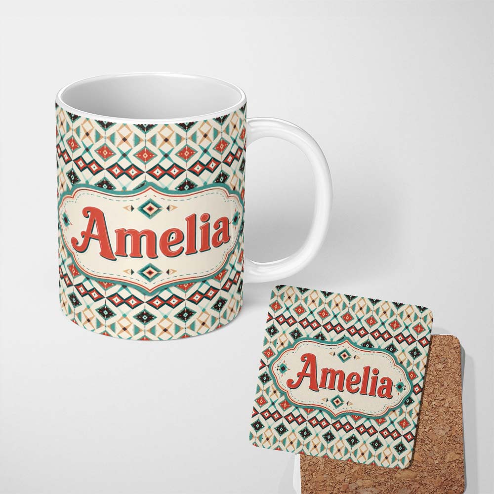 Personalized Custom Name Tribal Geometric Diamond Aztec Seamless Pattern Perfect Gift for Her 11oz Ceramic Coffee Tea Mug White Large Handle