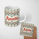 Personalized Custom Name Tribal Geometric Diamond Aztec Seamless Pattern Perfect Gift for Her 11oz Ceramic Coffee Tea Mug White Large Handle