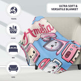 Cute Kawaii Pink  Appliances Soft Blue Background Seamless  Personalised Custom Name Super Soft Fleece Blanket Bed Sofa Throw