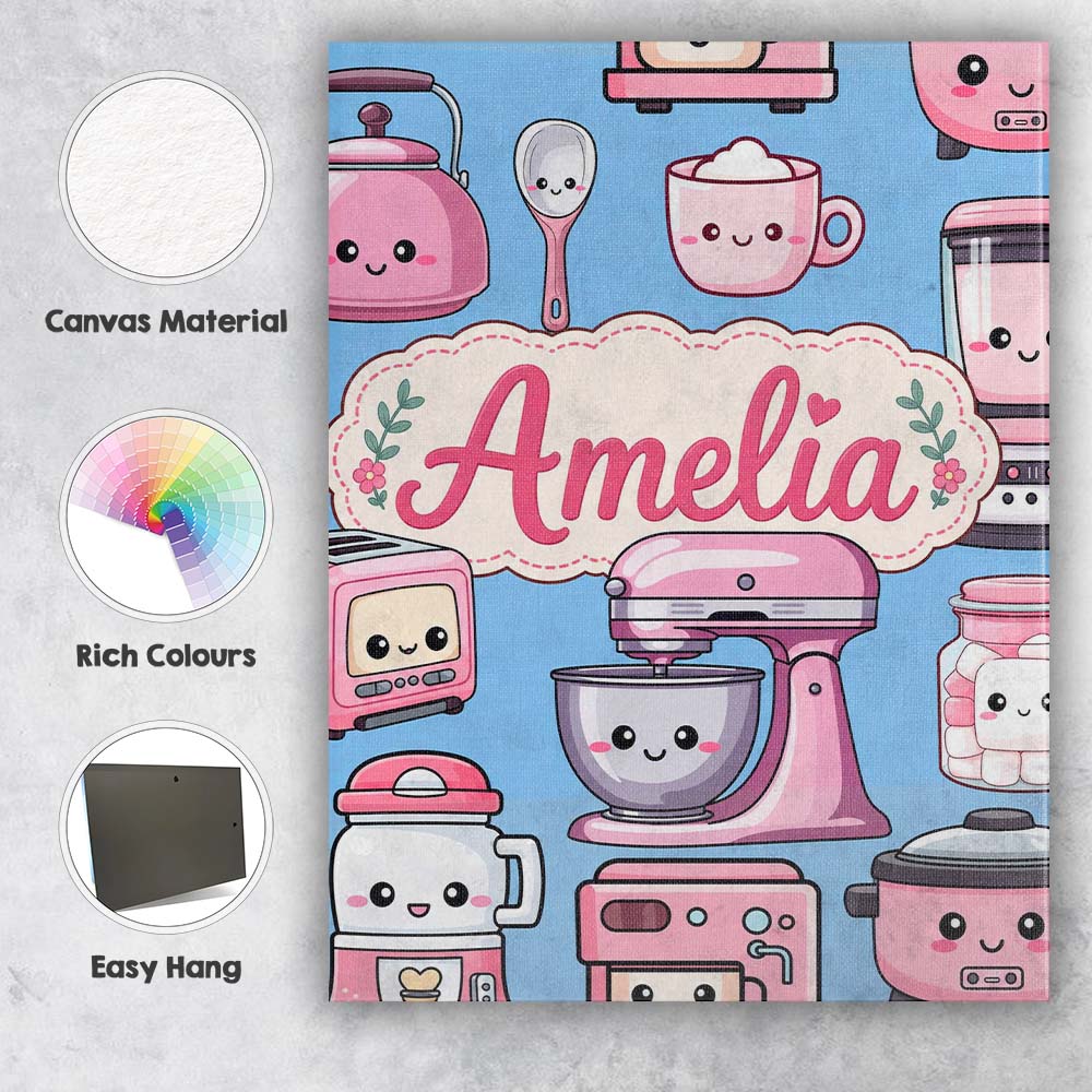 Personalised Name Cute Kawaii Pink Appliances Custom Unique Gift Idea Modern Room Accent Canvas Wall Art Print Decor Picture Ready to Hang