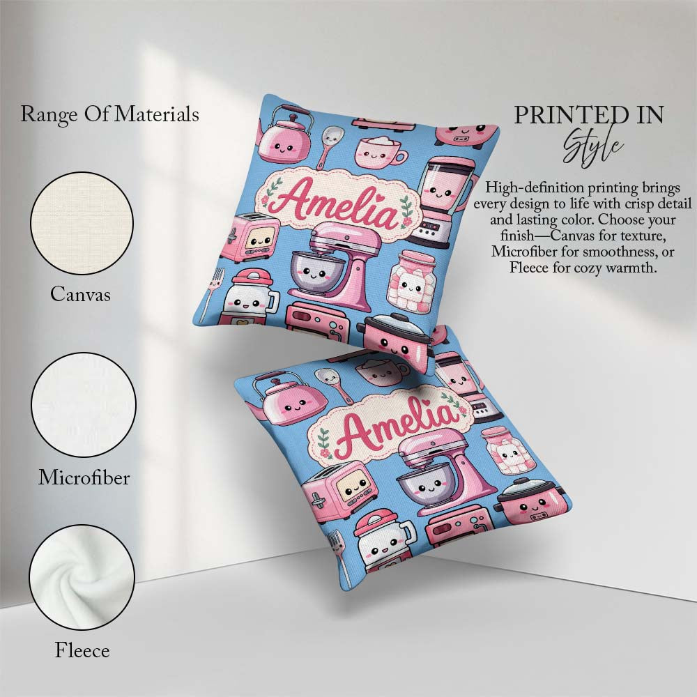 Custom Name Kawaii Pink Appliances Soft Blue Background Seamless Square Filled Cushion Throw Pillow Sofa Bed Home Decor Zip Washable UK Made