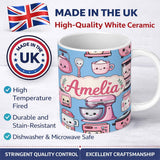 Personalized Custom Name Cute Kawaii Pink Kitchen Appliances Soft Blue Background Seamless 11oz Ceramic Coffee Tea Mug White Large Handle