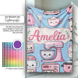 Cute Kawaii Pink  Appliances Soft Blue Background Seamless  Personalised Custom Name Super Soft Fleece Blanket Bed Sofa Throw