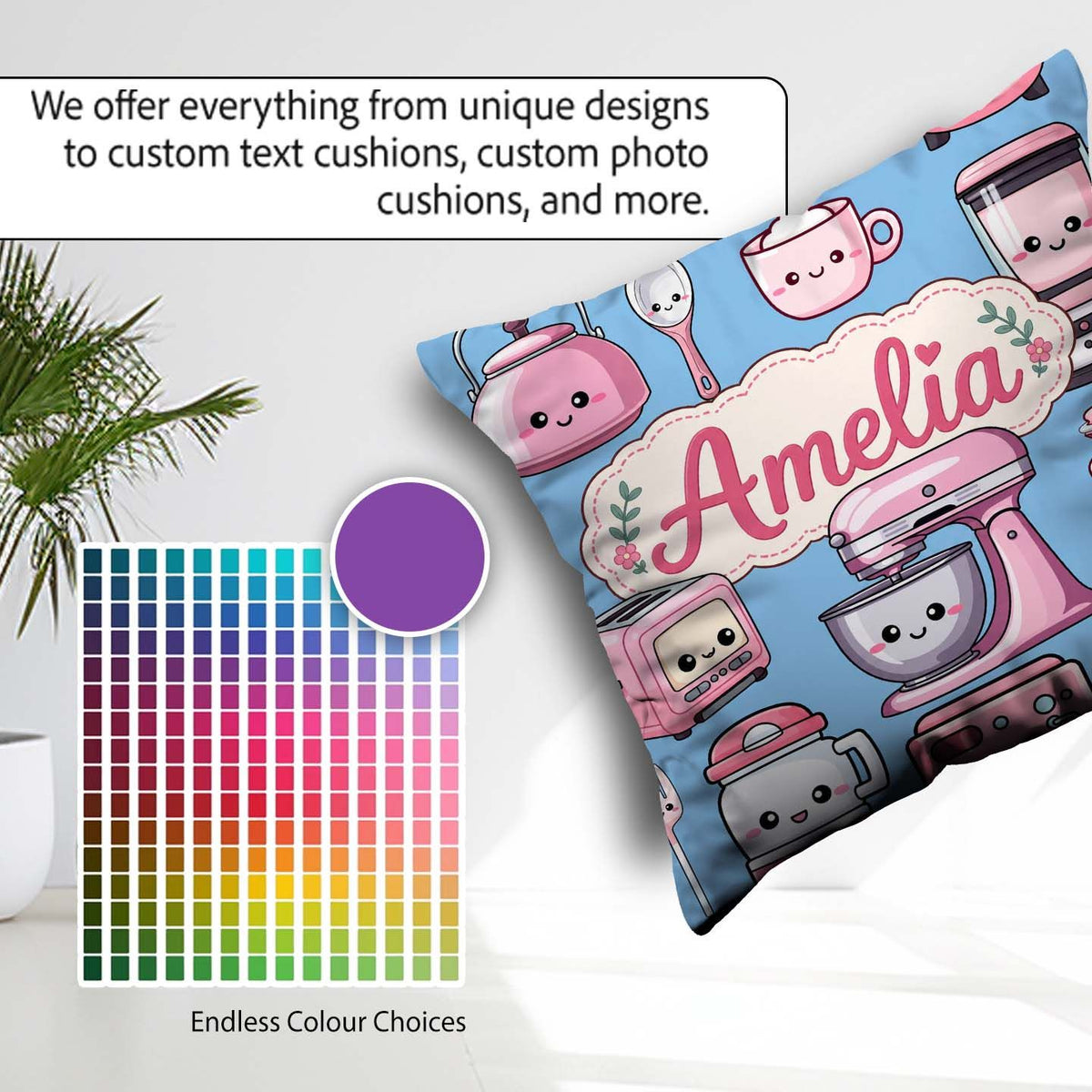 Custom Name Kawaii Pink Appliances Soft Blue Background Seamless Square Filled Cushion Throw Pillow Sofa Bed Home Decor Zip Washable UK Made
