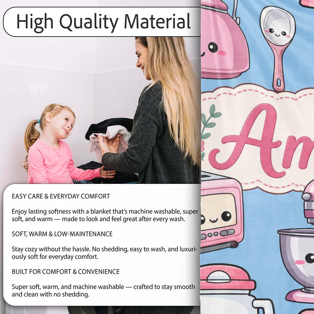 Cute Kawaii Pink  Appliances Soft Blue Background Seamless  Personalised Custom Name Super Soft Fleece Blanket Bed Sofa Throw