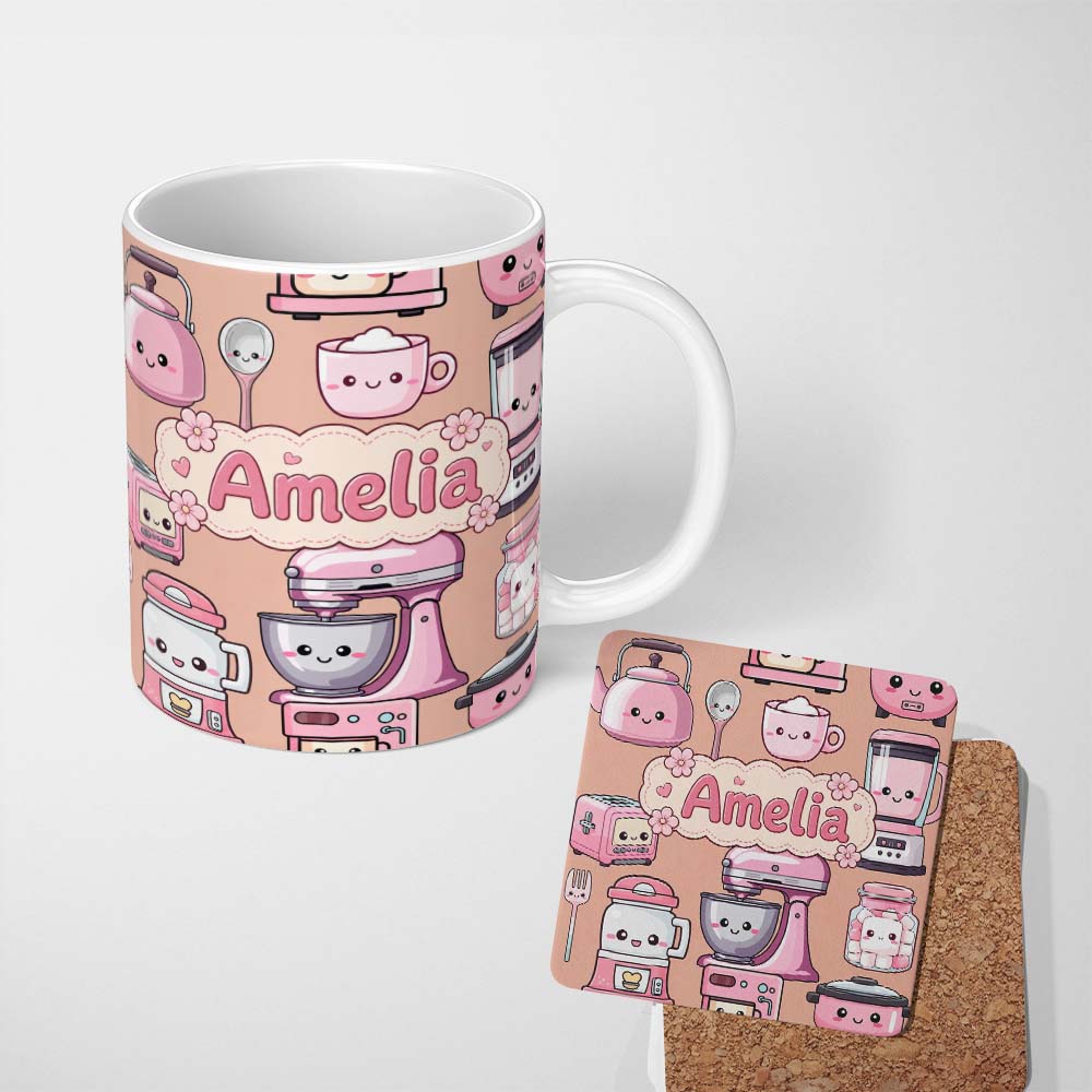 Personalized Custom Name Cute Kawaii Pink Kitchen Appliances Peach Background Seamless 11oz Ceramic Coffee Tea Mug White Large Handle