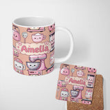 Personalized Custom Name Cute Kawaii Pink Kitchen Appliances Peach Background Seamless 11oz Ceramic Coffee Tea Mug White Large Handle