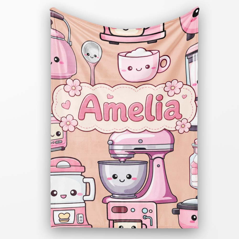 Cute Kawaii Pink  Appliances Peach Background Seamless  Personalised Custom Name Super Soft Fleece Blanket Bed Sofa Throw