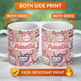 Personalized Custom Name Cute Kawaii Pink Kitchen Appliances Peach Background Seamless 11oz Ceramic Coffee Tea Mug White Large Handle