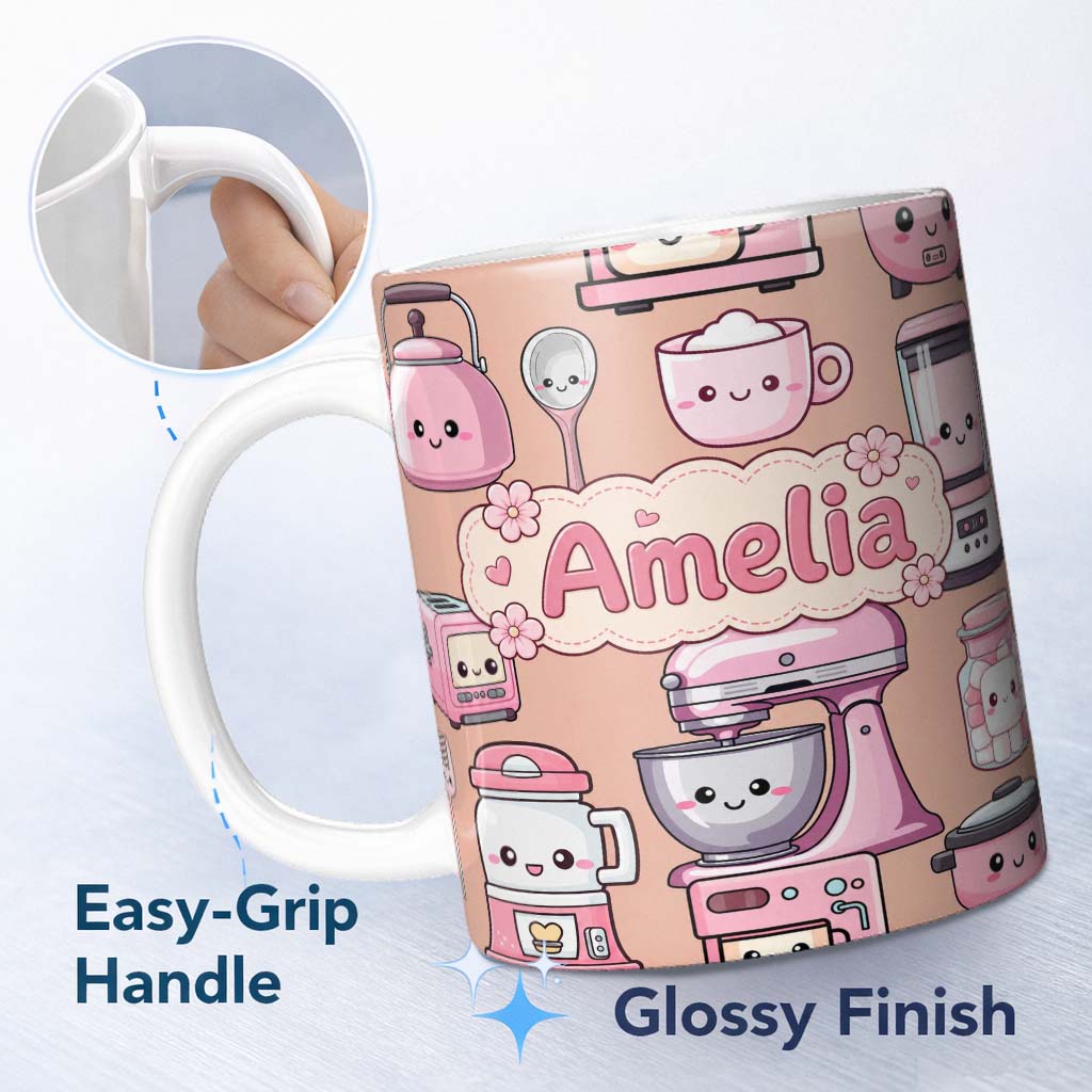Personalized Custom Name Cute Kawaii Pink Kitchen Appliances Peach Background Seamless 11oz Ceramic Coffee Tea Mug White Large Handle