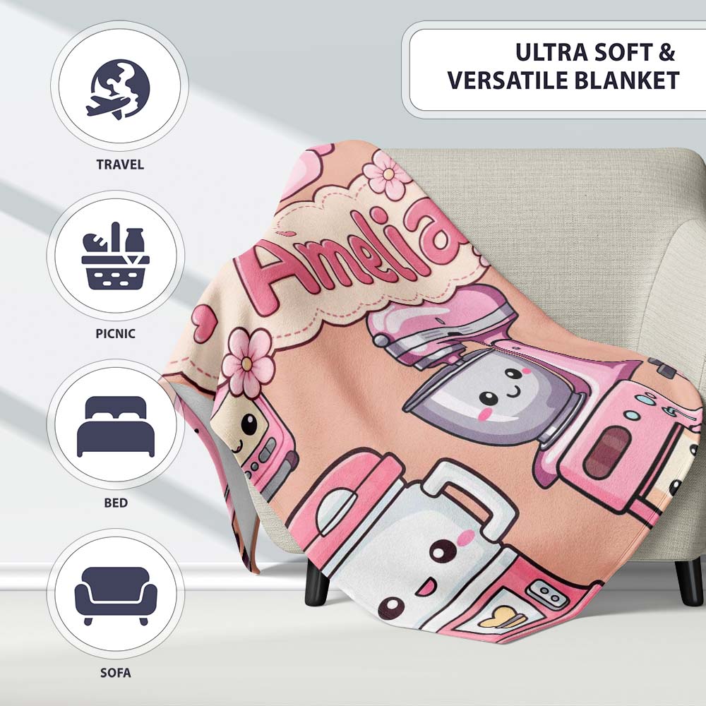 Cute Kawaii Pink  Appliances Peach Background Seamless  Personalised Custom Name Super Soft Fleece Blanket Bed Sofa Throw