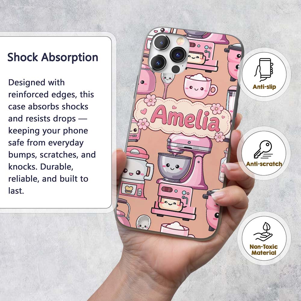 Cute Kawaii Pink Appliances Peach Background Custom Name Protective Phone Case Mobile Cover Durable Everyday Smartphone Shock Resistant