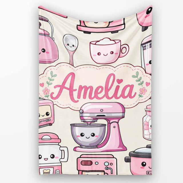 Cute Kawaii Pink  Appliances Cream Background Seamless  Personalised Custom Name Super Soft Fleece Blanket Bed Sofa Throw