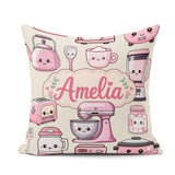 Custom Name Kawaii Pink Appliances Cream Background Seamless Square Filled Cushion Throw Pillow Sofa Bed Home Decor Zip Washable UK Made