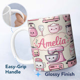 Personalized Custom Name Cute Kawaii Pink Kitchen Appliances Cream Background Seamless 11oz Ceramic Coffee Tea Mug White Large Handle