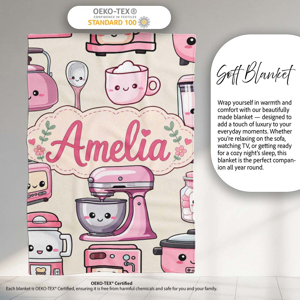 Cute Kawaii Pink  Appliances Cream Background Seamless  Personalised Custom Name Super Soft Fleece Blanket Bed Sofa Throw
