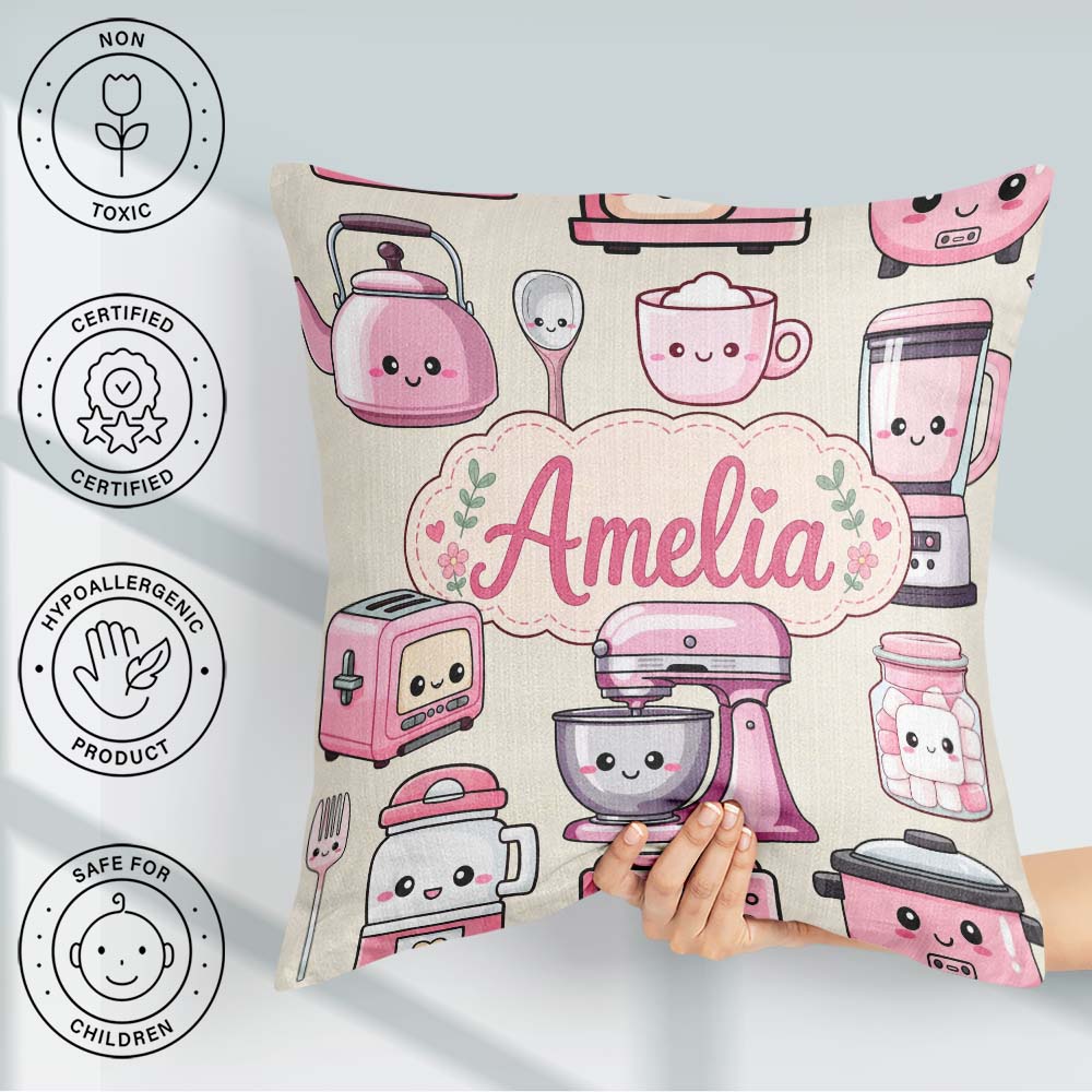 Custom Name Kawaii Pink Appliances Cream Background Seamless Square Filled Cushion Throw Pillow Sofa Bed Home Decor Zip Washable UK Made