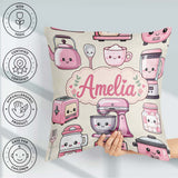 Custom Name Kawaii Pink Appliances Cream Background Seamless Square Filled Cushion Throw Pillow Sofa Bed Home Decor Zip Washable UK Made