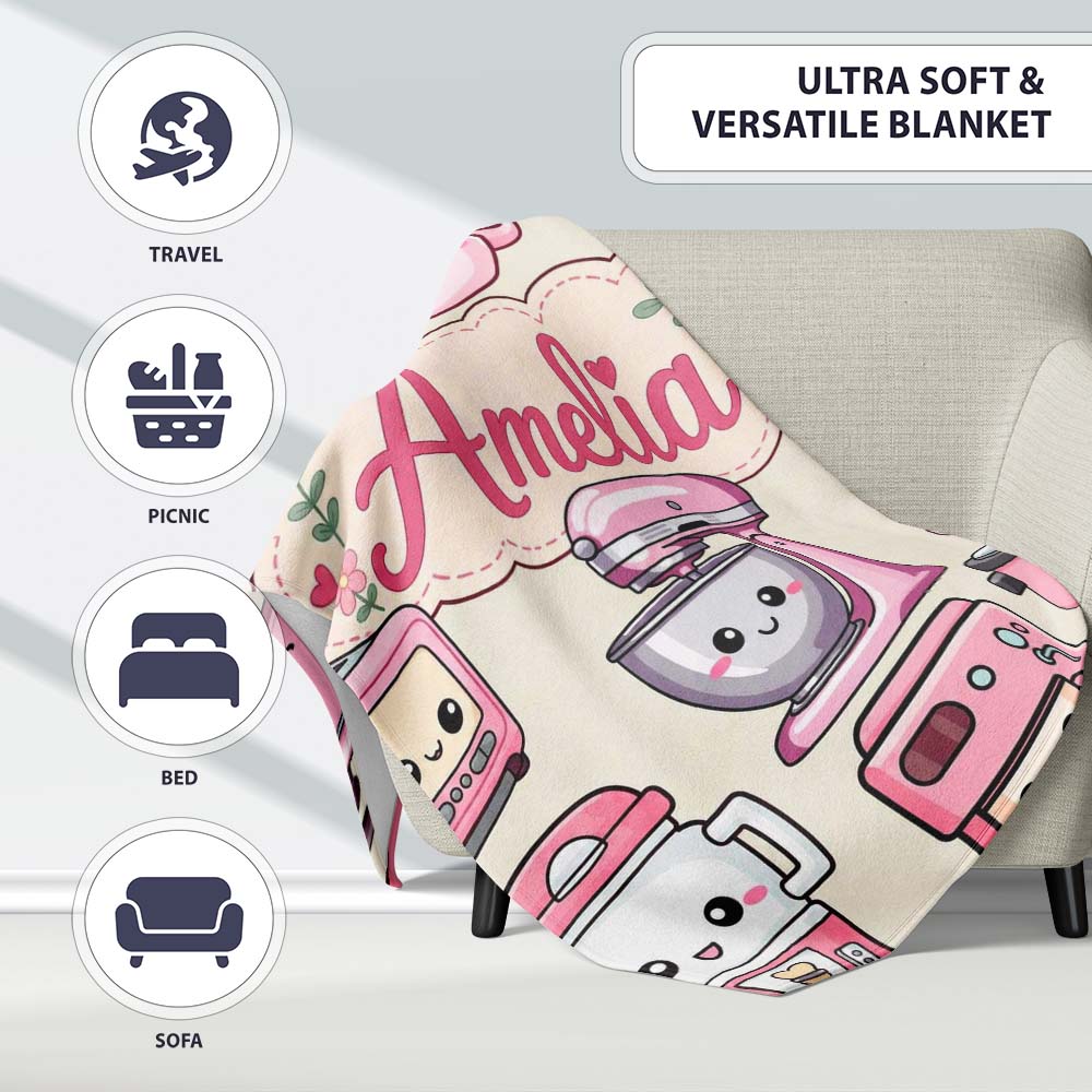 Cute Kawaii Pink  Appliances Cream Background Seamless  Personalised Custom Name Super Soft Fleece Blanket Bed Sofa Throw
