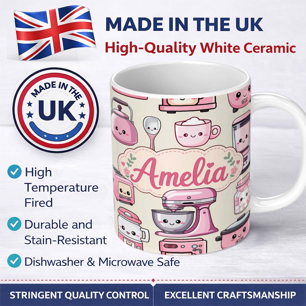 Personalized Custom Name Cute Kawaii Pink Kitchen Appliances Cream Background Seamless 11oz Ceramic Coffee Tea Mug White Large Handle