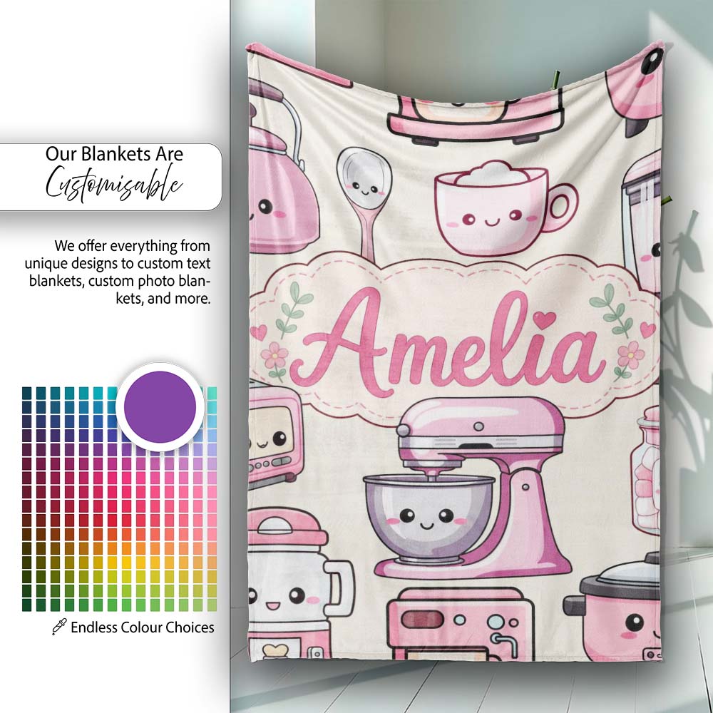 Cute Kawaii Pink  Appliances Cream Background Seamless  Personalised Custom Name Super Soft Fleece Blanket Bed Sofa Throw