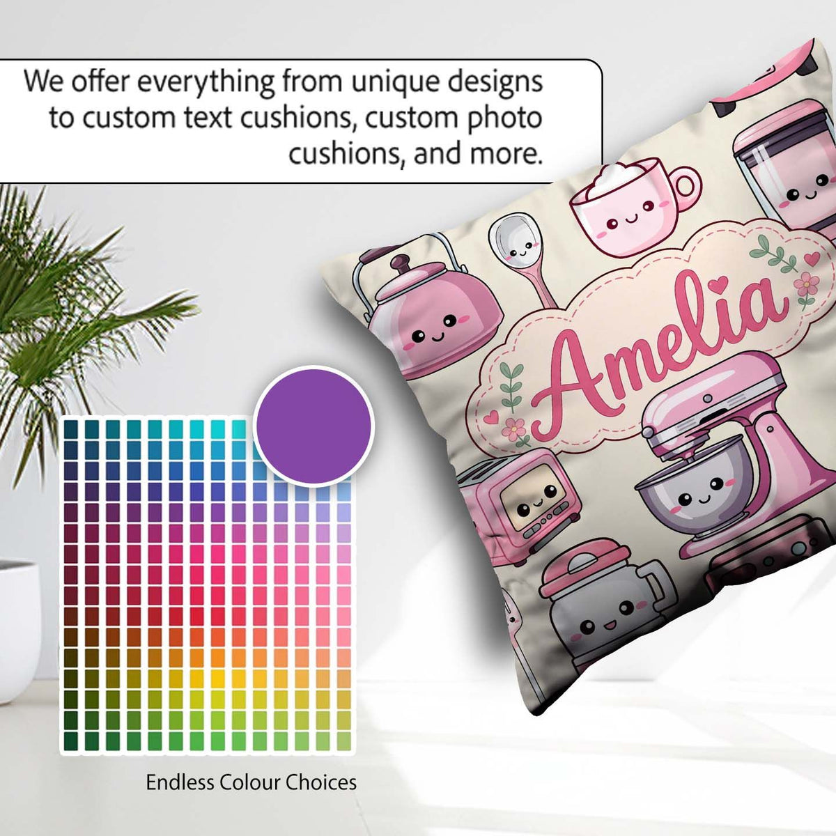 Custom Name Kawaii Pink Appliances Cream Background Seamless Square Filled Cushion Throw Pillow Sofa Bed Home Decor Zip Washable UK Made