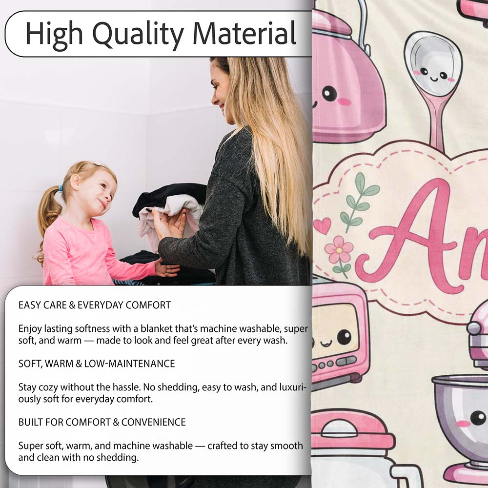 Cute Kawaii Pink  Appliances Cream Background Seamless  Personalised Custom Name Super Soft Fleece Blanket Bed Sofa Throw