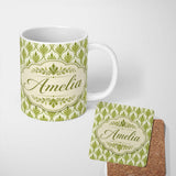 Personalized Custom Name Green Art Deco Leaf Seamless Pattern on Cream Background Geometric 11oz Ceramic Coffee Tea Mug White Large Handle