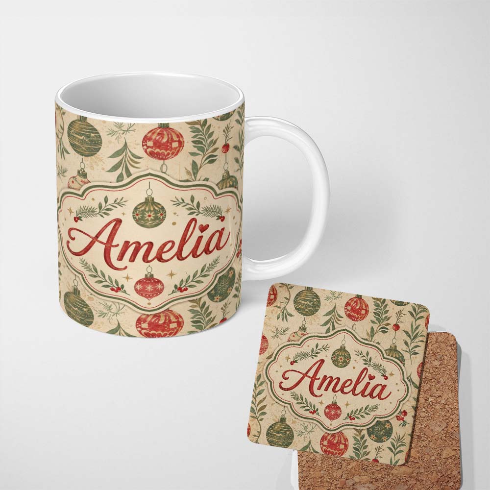 Personalized Custom Name Elegant Christmas Holly Leaves with Berries and Snowflakes Seamless 11oz Ceramic Coffee Tea Mug White Large Handle