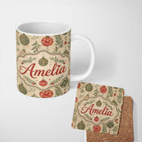 Personalized Custom Name Elegant Christmas Holly Leaves with Berries and Snowflakes Seamless 11oz Ceramic Coffee Tea Mug White Large Handle