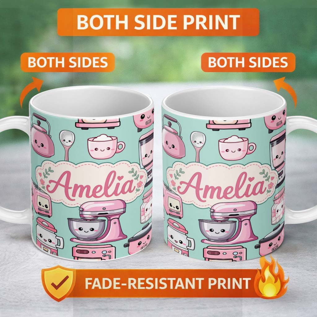Personalized Custom Name Cute Kawaii Pink Kitchen Appliances Mint Background Seamless 11oz Ceramic Coffee Tea Mug White Large Handle