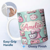 Personalized Custom Name Cute Kawaii Pink Kitchen Appliances Mint Background Seamless 11oz Ceramic Coffee Tea Mug White Large Handle