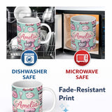 Personalized Custom Name Cute Kawaii Pink Kitchen Appliances Mint Background Seamless 11oz Ceramic Coffee Tea Mug White Large Handle