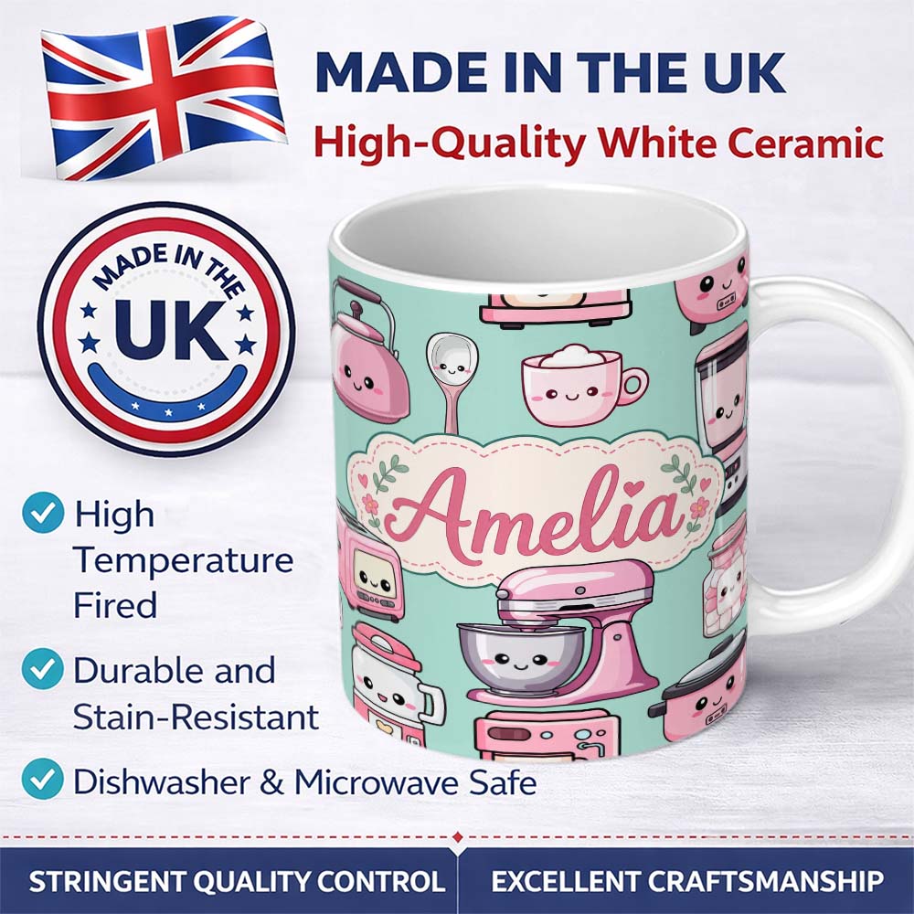 Personalized Custom Name Cute Kawaii Pink Kitchen Appliances Mint Background Seamless 11oz Ceramic Coffee Tea Mug White Large Handle