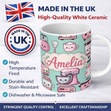 Personalized Custom Name Cute Kawaii Pink Kitchen Appliances Mint Background Seamless 11oz Ceramic Coffee Tea Mug White Large Handle