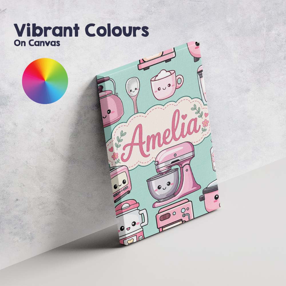 Personalised Name Cute Kawaii Pink Appliances Custom Unique Gift Idea Modern Room Accent Canvas Wall Art Print Decor Picture Ready to Hang