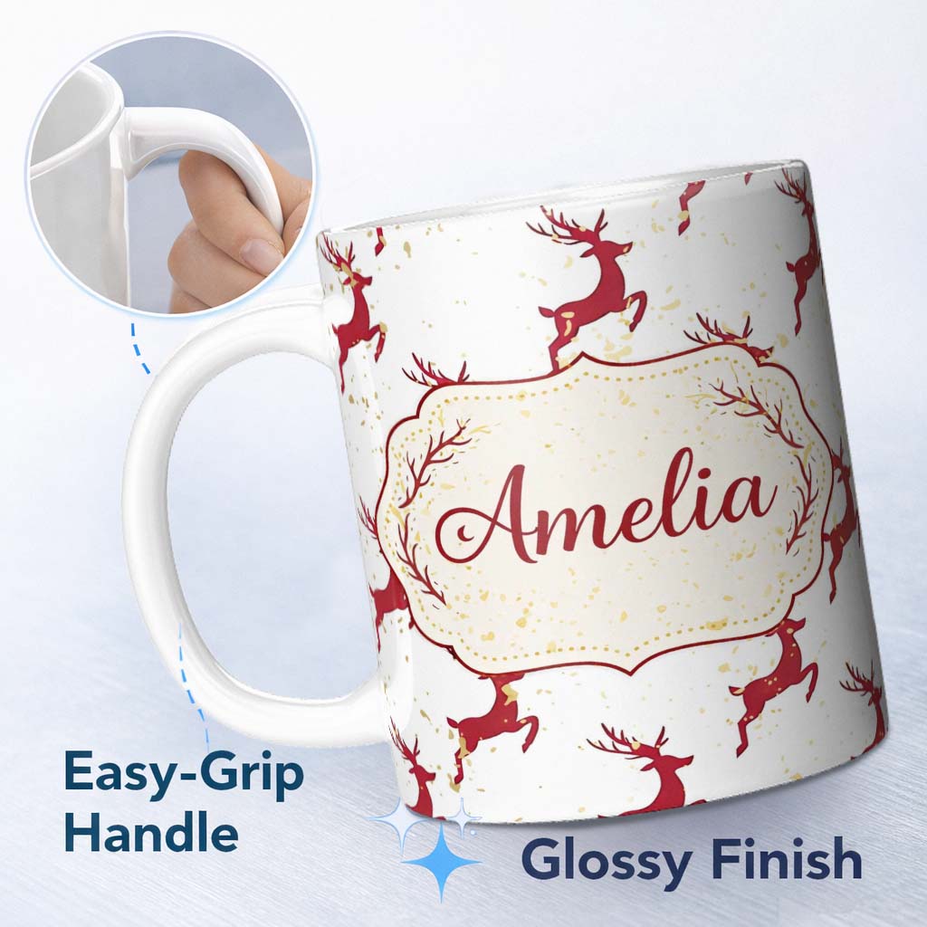 Personalized Custom Name Red Reindeer Christmas Seamless Pattern Cute Unique Gift Lovely 11oz Ceramic Coffee Tea Mug White Large Handle