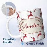 Personalized Custom Name Red Reindeer Christmas Seamless Pattern Cute Unique Gift Lovely 11oz Ceramic Coffee Tea Mug White Large Handle