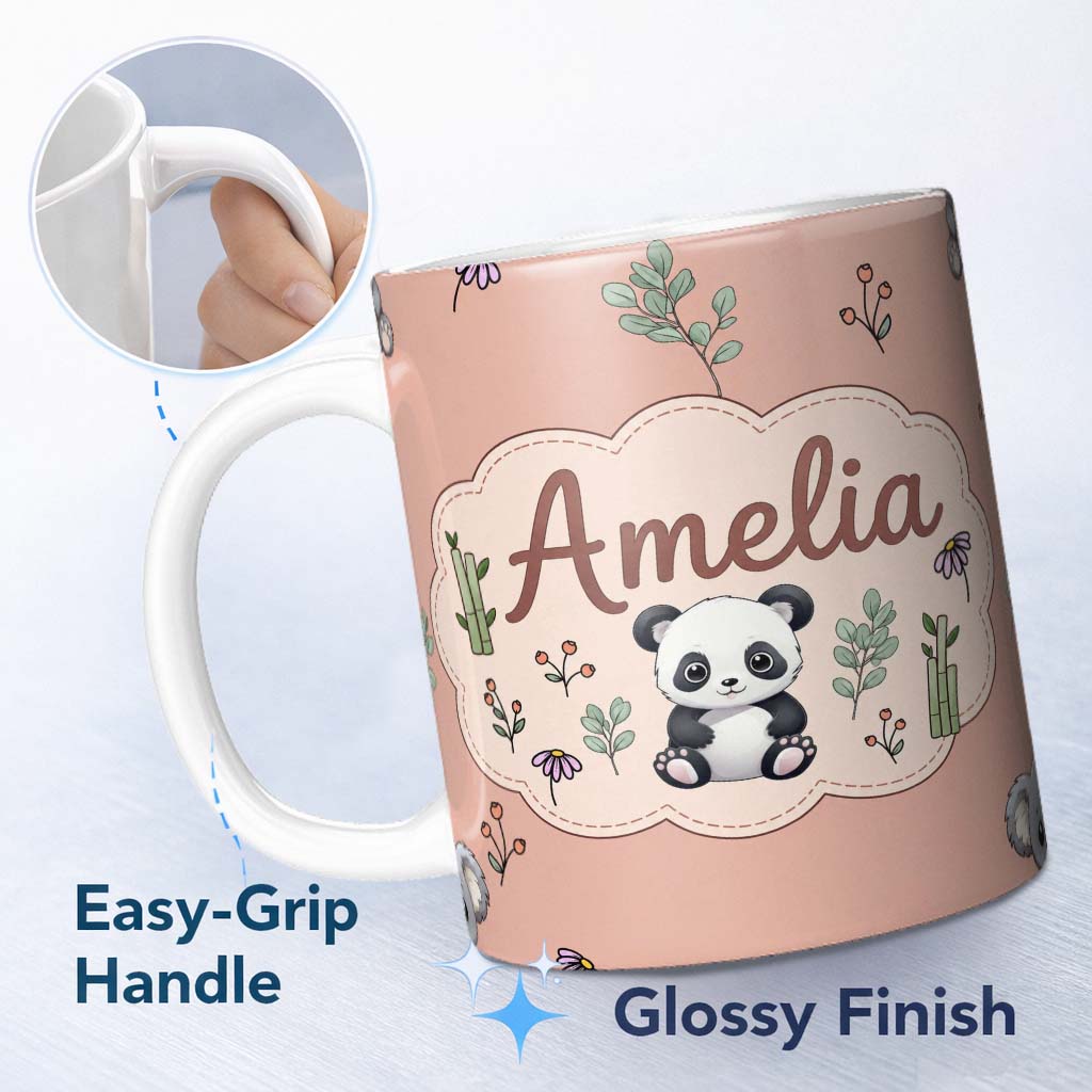Personalized Custom Name Cute Panda Bear with Bamboo Leaves Floral Seamless Pattern Peach 11oz Ceramic Coffee Tea Mug White Large Handle