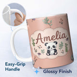 Personalized Custom Name Cute Panda Bear with Bamboo Leaves Floral Seamless Pattern Peach 11oz Ceramic Coffee Tea Mug White Large Handle