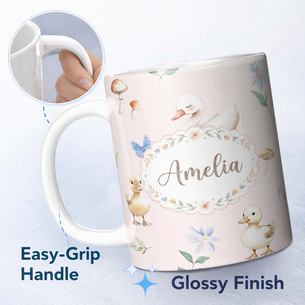 Personalized Custom Name Swan and Ducklings with Flowers Mushrooms Soft Blush Seamless 11oz Ceramic Coffee Tea Mug White Large Handle