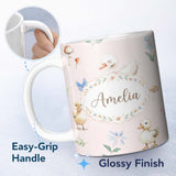 Personalized Custom Name Swan and Ducklings with Flowers Mushrooms Soft Blush Seamless 11oz Ceramic Coffee Tea Mug White Large Handle