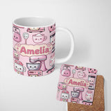 Personalized Custom Name Cute Kawaii Pink Kitchen Appliances Soft Background Seamless 11oz Ceramic Coffee Tea Mug White Large Handle