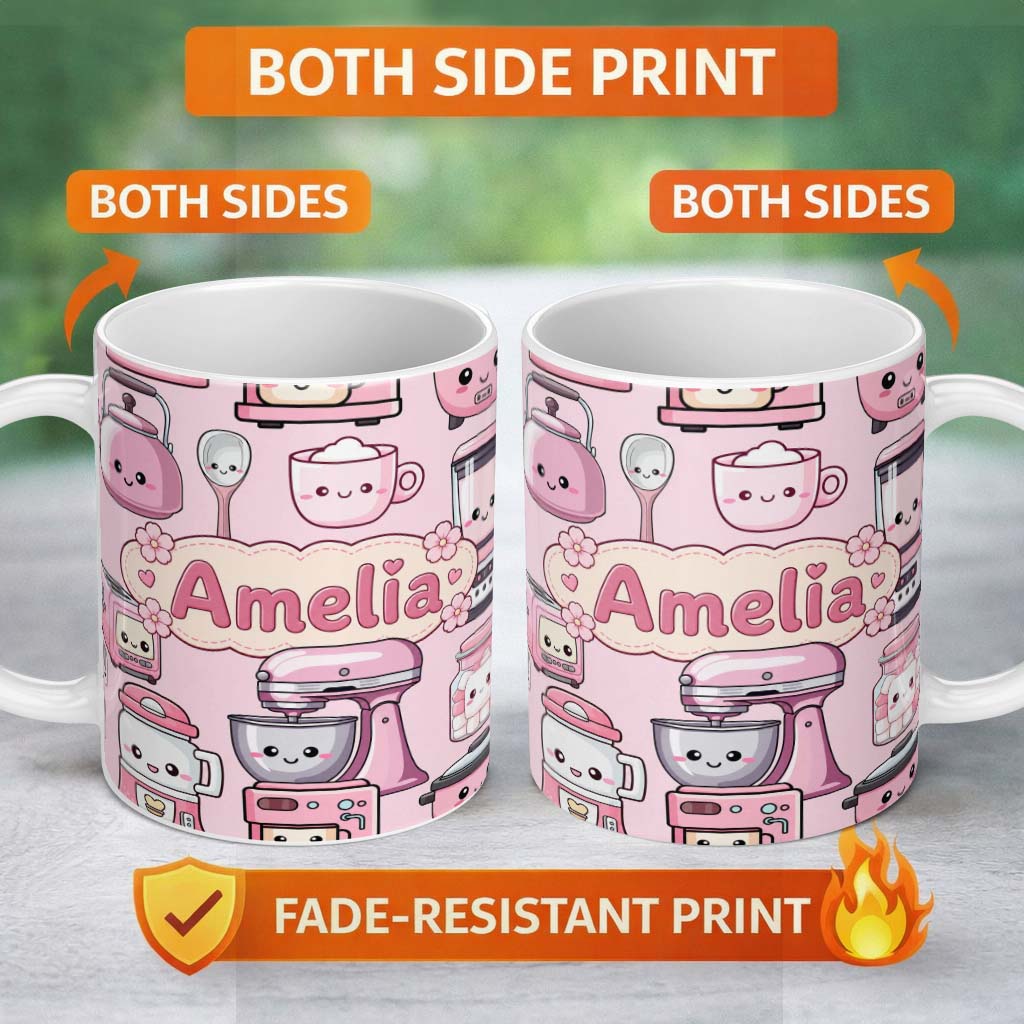 Personalized Custom Name Cute Kawaii Pink Kitchen Appliances Soft Background Seamless 11oz Ceramic Coffee Tea Mug White Large Handle