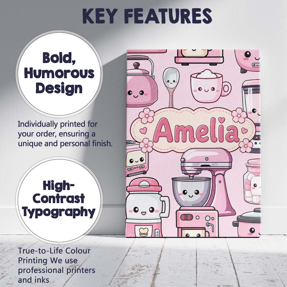 Personalised Name Cute Kawaii Pink Appliances Custom Unique Gift Idea Modern Room Accent Canvas Wall Art Print Decor Picture Ready to Hang