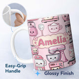Personalized Custom Name Cute Kawaii Pink Kitchen Appliances Soft Background Seamless 11oz Ceramic Coffee Tea Mug White Large Handle