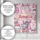 Personalised Name Cute Kawaii Pink Appliances Custom Unique Gift Idea Modern Room Accent Canvas Wall Art Print Decor Picture Ready to Hang