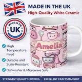 Personalized Custom Name Cute Kawaii Pink Kitchen Appliances Soft Background Seamless 11oz Ceramic Coffee Tea Mug White Large Handle